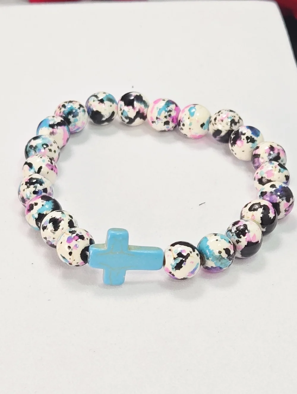 Paint Splatter Cross Beaded Bracelet Stretch Faith Stack Y2K Christian Jewelry